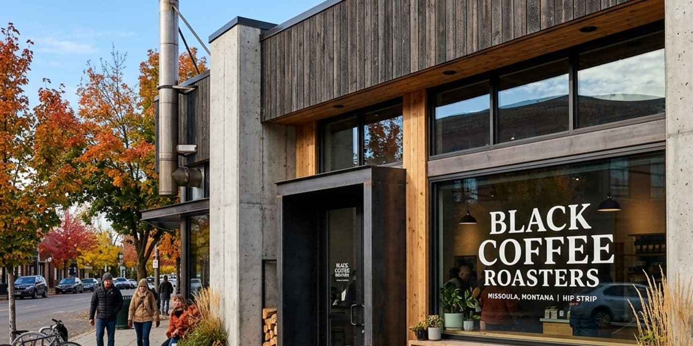 Exterior facade of Black Coffee Roasters on the Hip Strip with wood-fired roaster exhaust stack visible