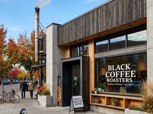 Exterior facade of Black Coffee Roasters on the Hip Strip with wood-fired roaster exhaust stack visible