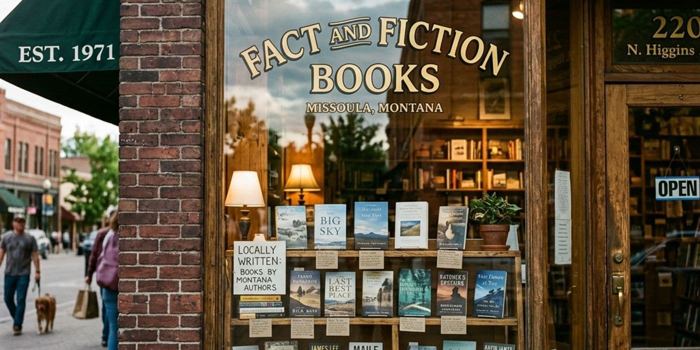 Charming display window at Fact and Fiction Books featuring regional Montana authors and local novels