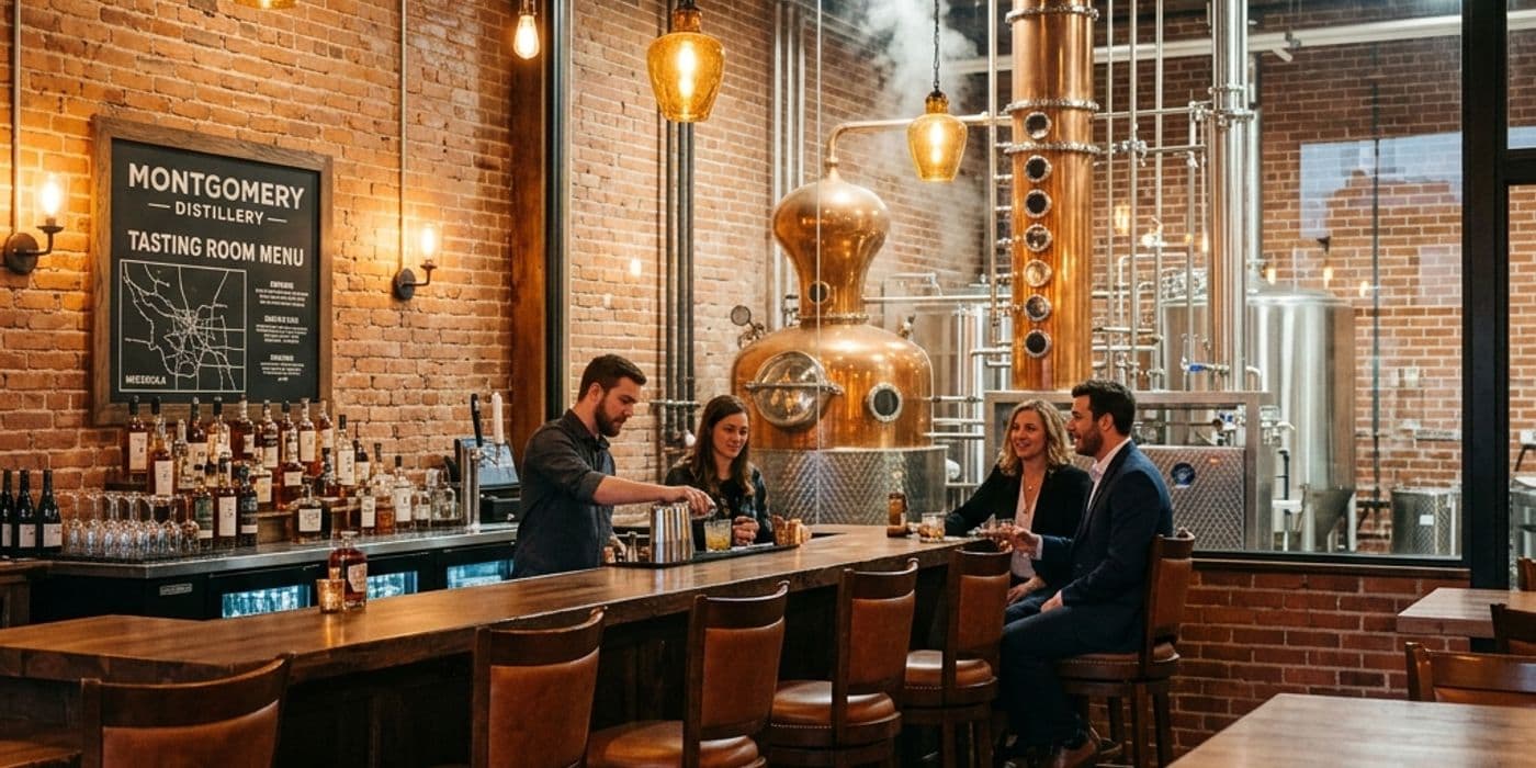 Restored historic brick tasting room at Montgomery Distillery with copper distillation stills in the background
