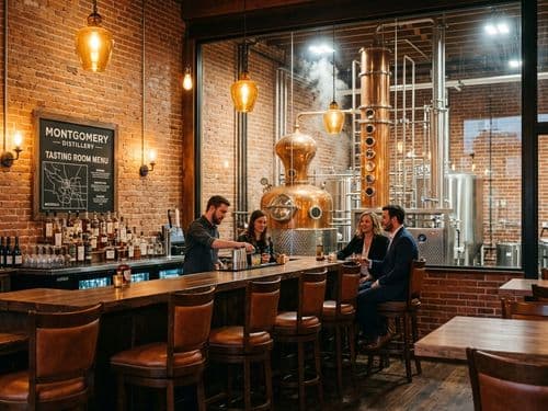 Restored historic brick tasting room at Montgomery Distillery with copper distillation stills in the background