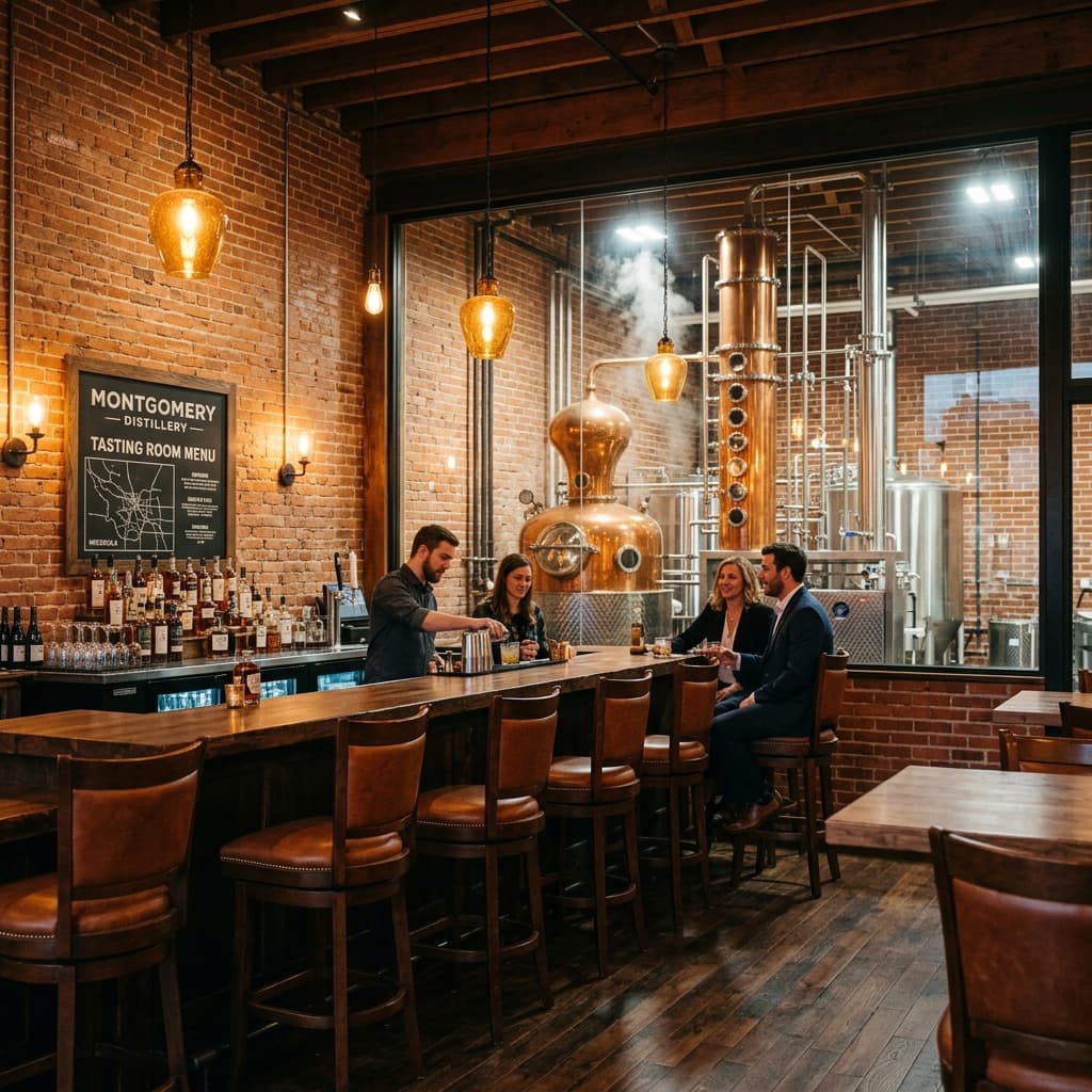 Restored historic brick tasting room at Montgomery Distillery with copper distillation stills in the background
